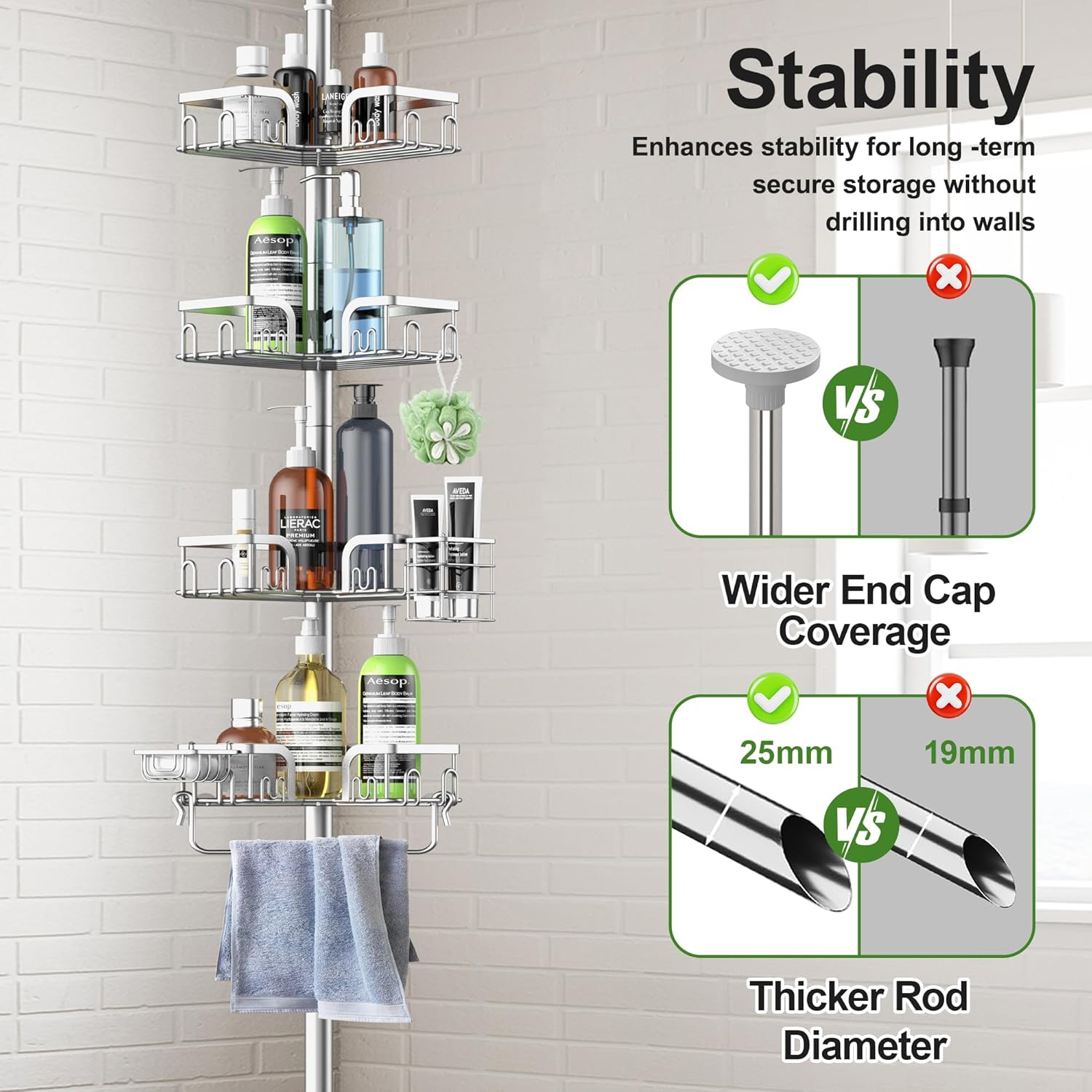 Corner Shower Caddy Tension Pole 4 Tier Adjustable Stainless Steel Shower Shelf for Inside Shower Bathtub Shampoo,Standing Bathroom Organizer Shelves with 39 to 113 inch Height