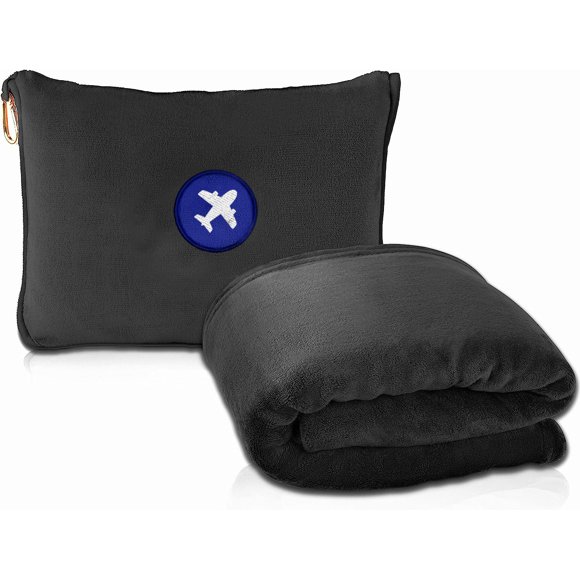 Manta y Almohada de Viaje: Manta de Avión 2 en 1 Suave con Funda de Almohada Tipo Bolsa Suave, Funda para Equipaje de Mano y Clip para Mochila