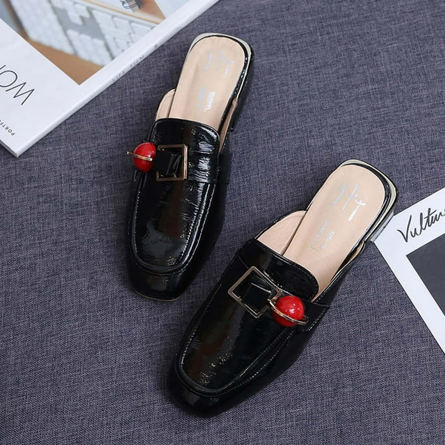 Mulas planas para mujer, mocasines sin espalda con punta cuadrada, sandalias deslizantes con cadena de metal Wmkox8yii ytu3918