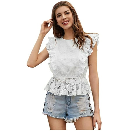 

Fit Mom O-Neck Blouse Shirt Tops Lace Sleeveless Casual Solid Color Women Women s Blouse Scrub Jackets