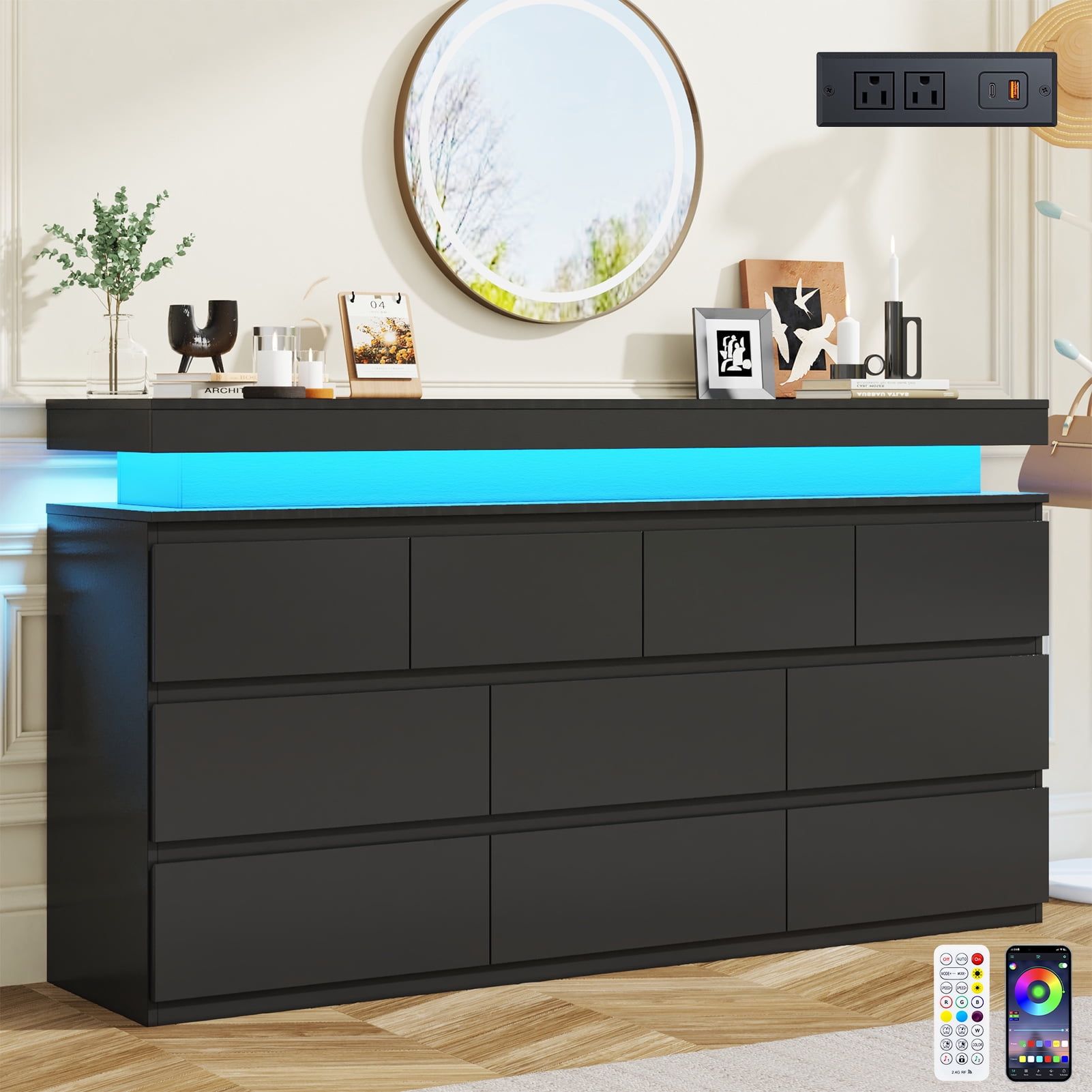ChVans Black 10 Drawer Dresser with LED Lights, 63" Wide Modern Wood Chest of Drawers with Charging Station & Handle Free, LED Black Dresser for bedroom, Living Room, Entryway, Hallway