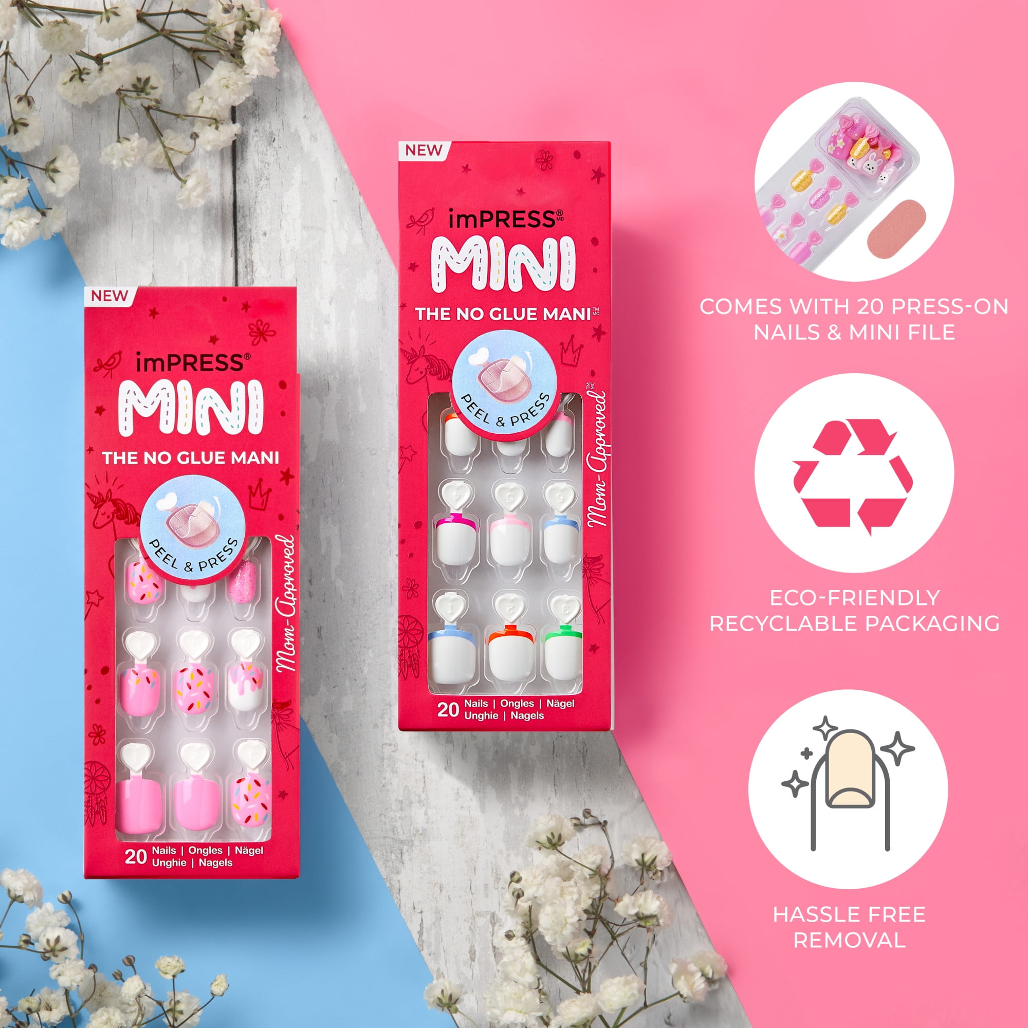 (2 pack) Impress Mini Press On Nails for Kids, ‘Fairest of All’, Purple, Squoval, 20 Count