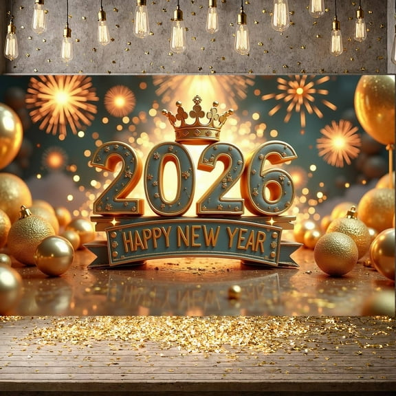 Golden Theme 2026 Happy New Year Banner Crown Design New Year 2026 Display Fireworks Pattern 2026 Numerals 2026 Celebration Backdrop for New Year Party 2026 Celebration Indoor Decoration