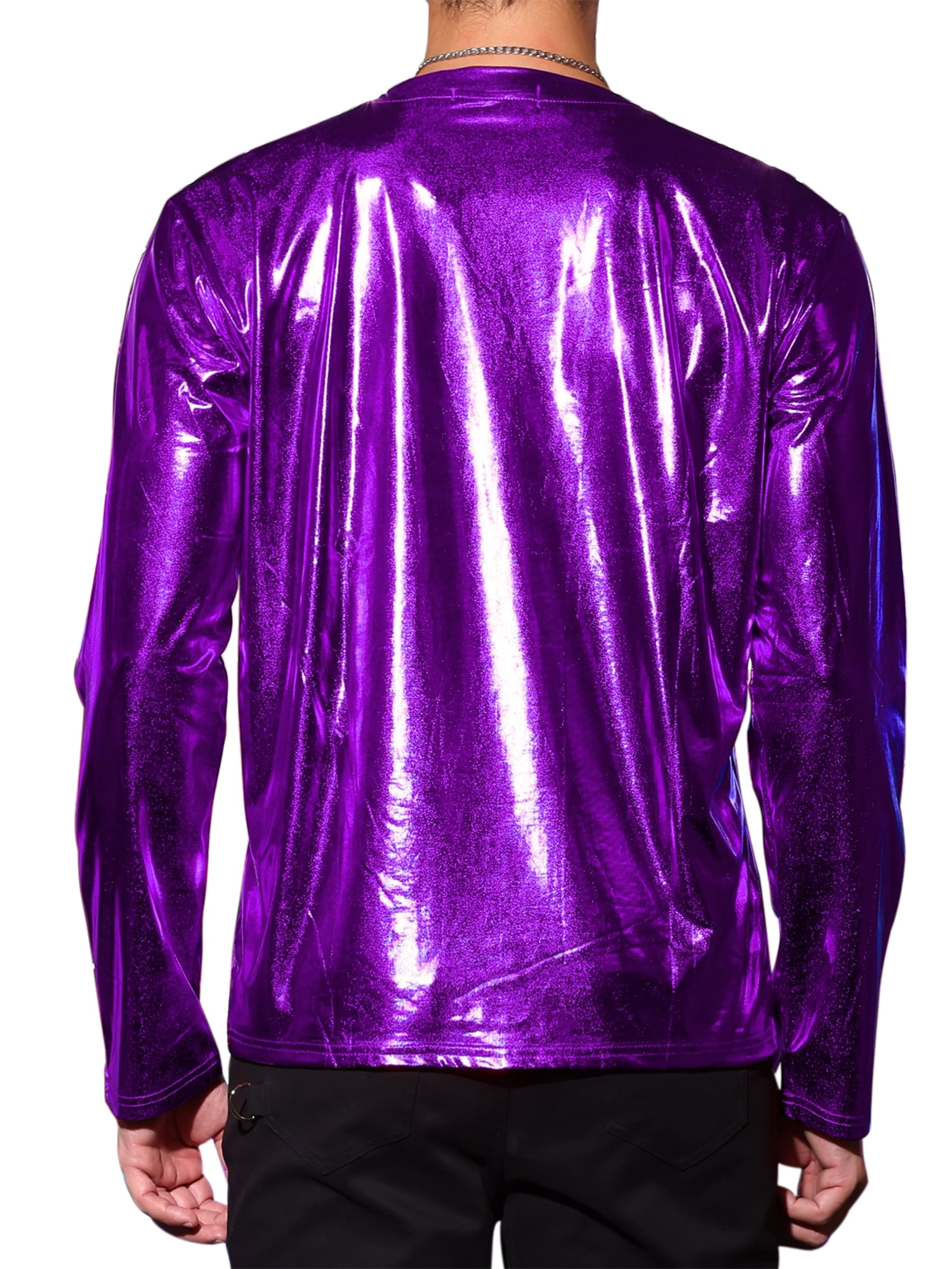 Unique Bargains Men's Metallic T-Shirt Round Neck Long Sleeve Shining Disco Tee Top S Purple