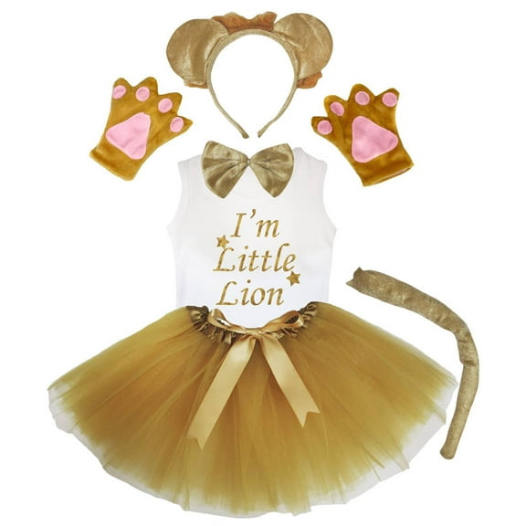 Petitebelle Lion Headband Bowtie Tail Gloves Tutu Shirt 6pc Costume (Brown, 5-6 Years)