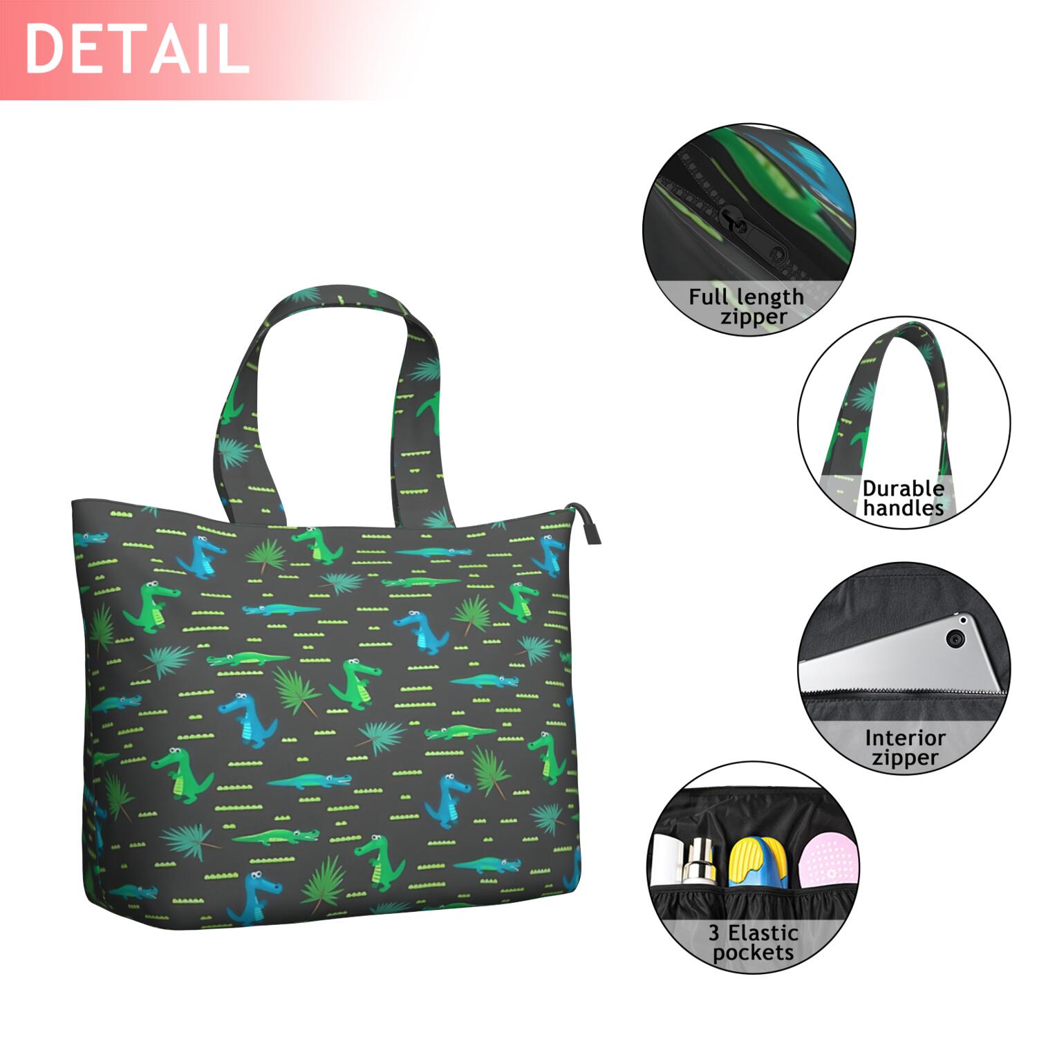 DarkGray Cartoon Crocodiles Pattern Travel Tote Bags for Women Carry On,Large Weekender Bags for Women Travel,Multi Functional Duffle Bag for Work,Shopping,Sports