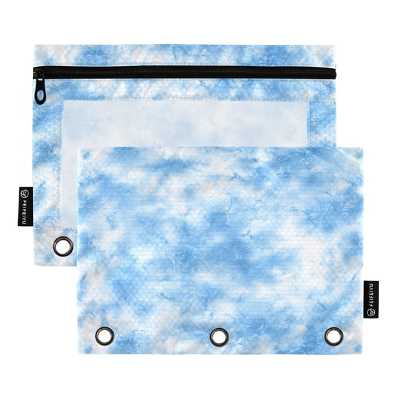 2 Pack 3 Ring Binder Pouch with Clear PVC Window Water Resistant Zipper Pencil Pouch Light Blue Tie-dye Pattern Binder Pocket for Classroom Office Home Stationery Organization