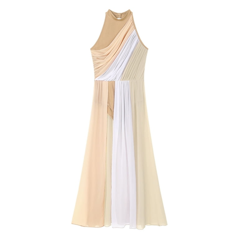 IEFIEL Womens Chiffon Maxi Split Dance Dress Modern Contemporary Stage Performance Leotard Dress Dancewear Nude L