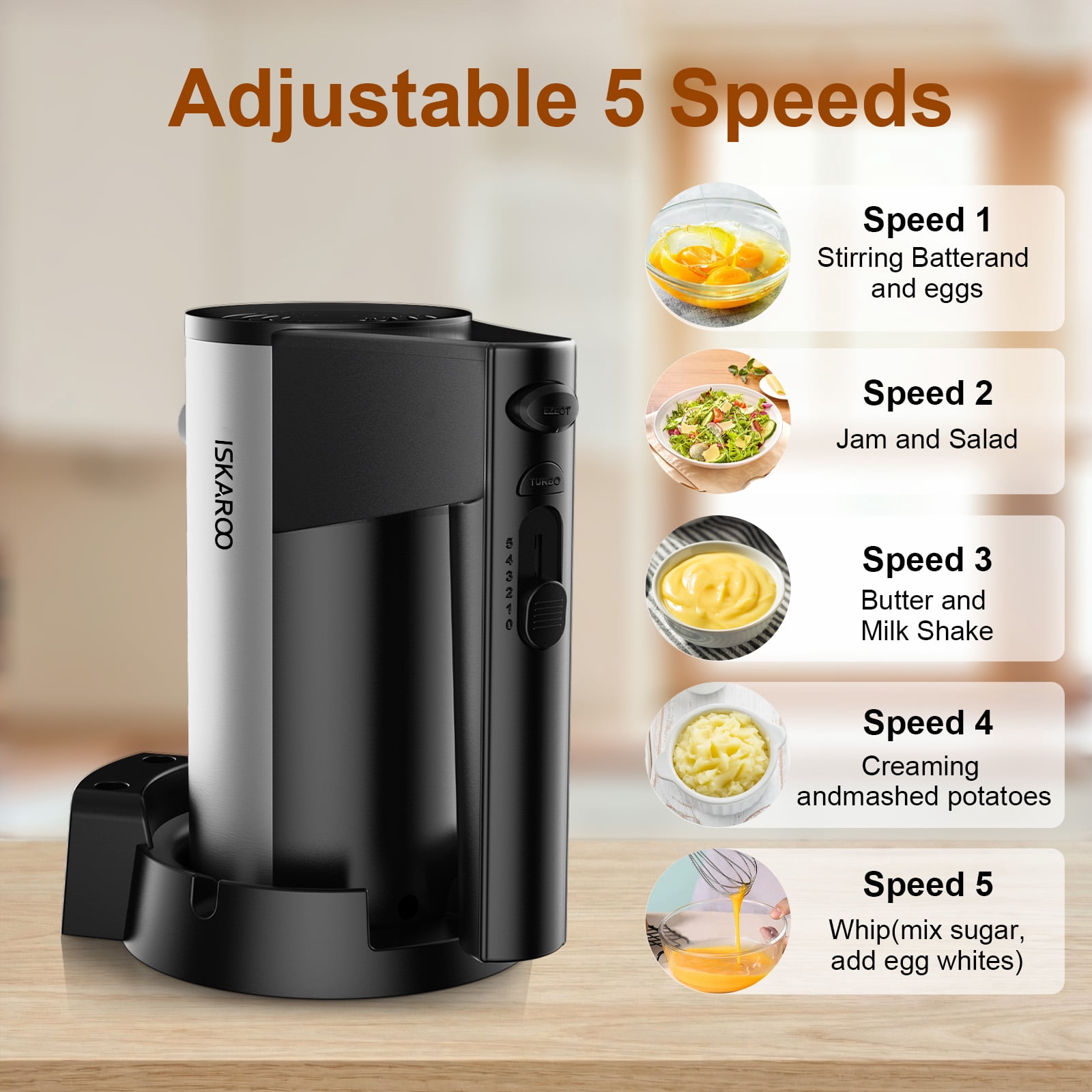 ISKAROO 5 Speed Hand Mixer with Stainless Steel Beaters, Dough Hooks, Cookie Mixer, 5 Speed with Turbo Boost, Food Beater for Kitchen Baking Cakes, Eggs, Cream, Black