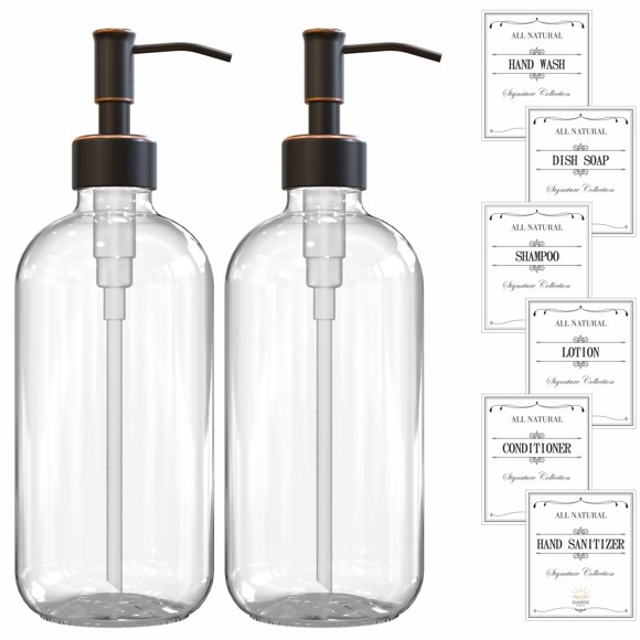 Sunrise Premium 2 Pack Clear Glass Soap Dispenser 16 OZ with Oil Rubbed Bronze Stainless Steel Pump, Hand and Dish Soap Dispenser Set for Bathroom and Kitchen Sink with 6 Waterproof Labels