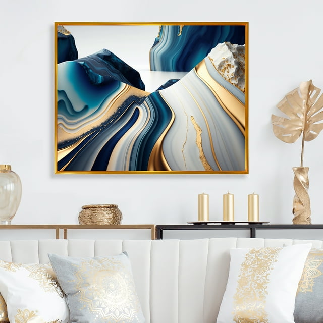 Designart Blue Modern Gold framed wall art, Abstract framed wall art Print, Waves of Blue and Gold Geode I , Abstract framed wall art decor, 32x24 inches Gold Frame