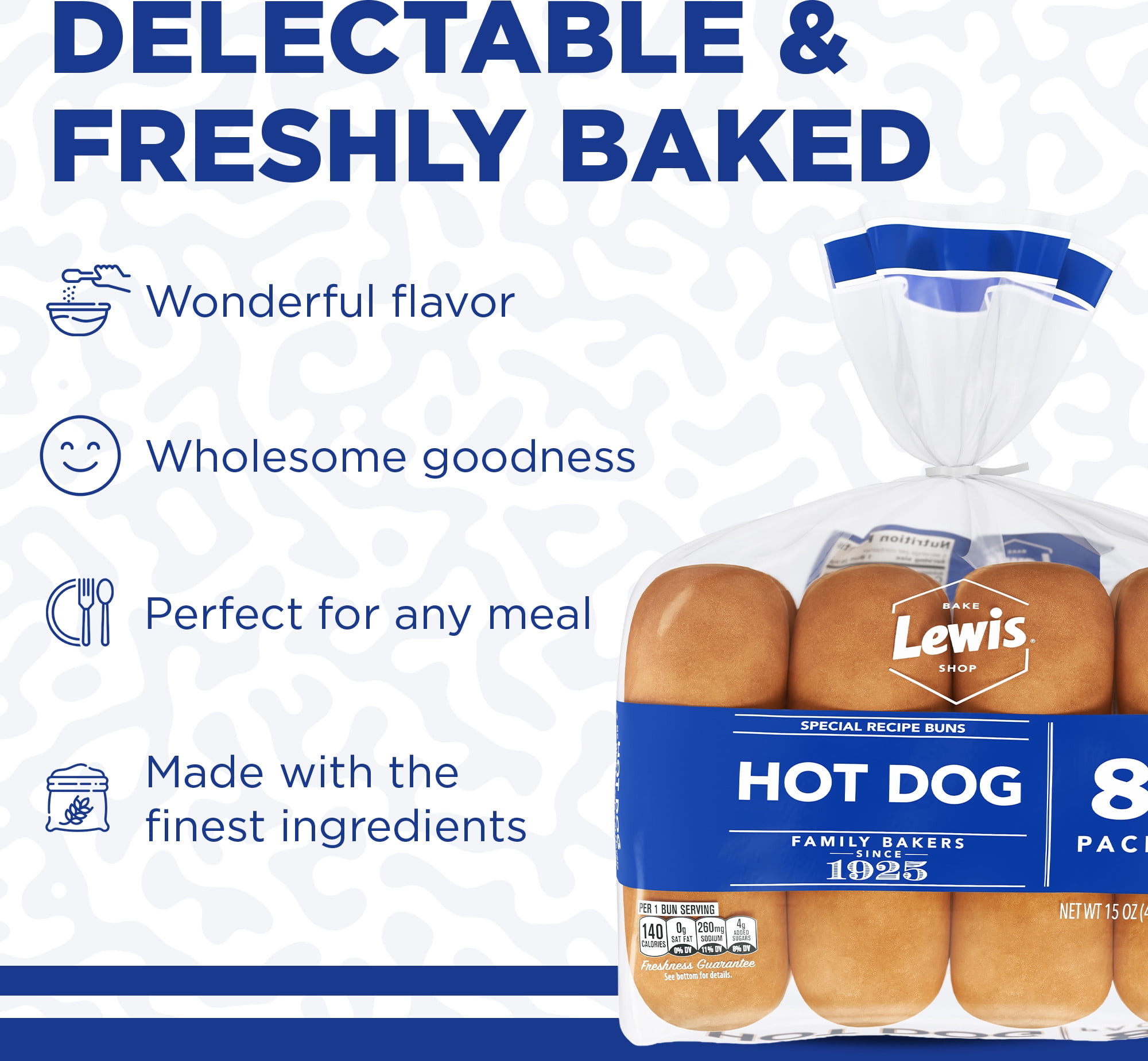 Lewis Bake Shop White Hot Dog Buns, 8 Count, 15 oz