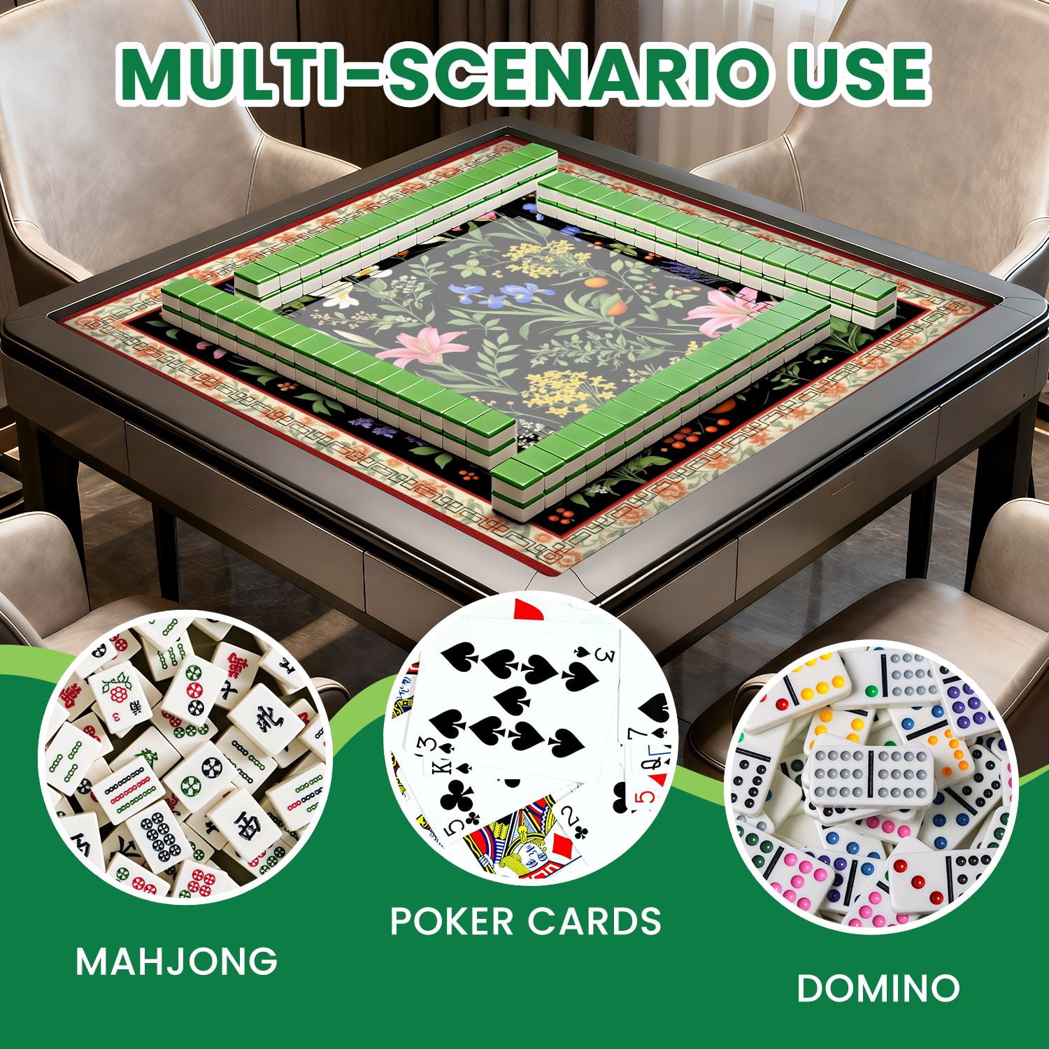 Mahjong Mat 31.5" x 31.5" Floral Pink Lilies Blue Irises White Yellow Flowers Black Non-Slip Noise Reduction American Mahjong Tiles Table Cover for Dominoes Poker Card Board Games Gift