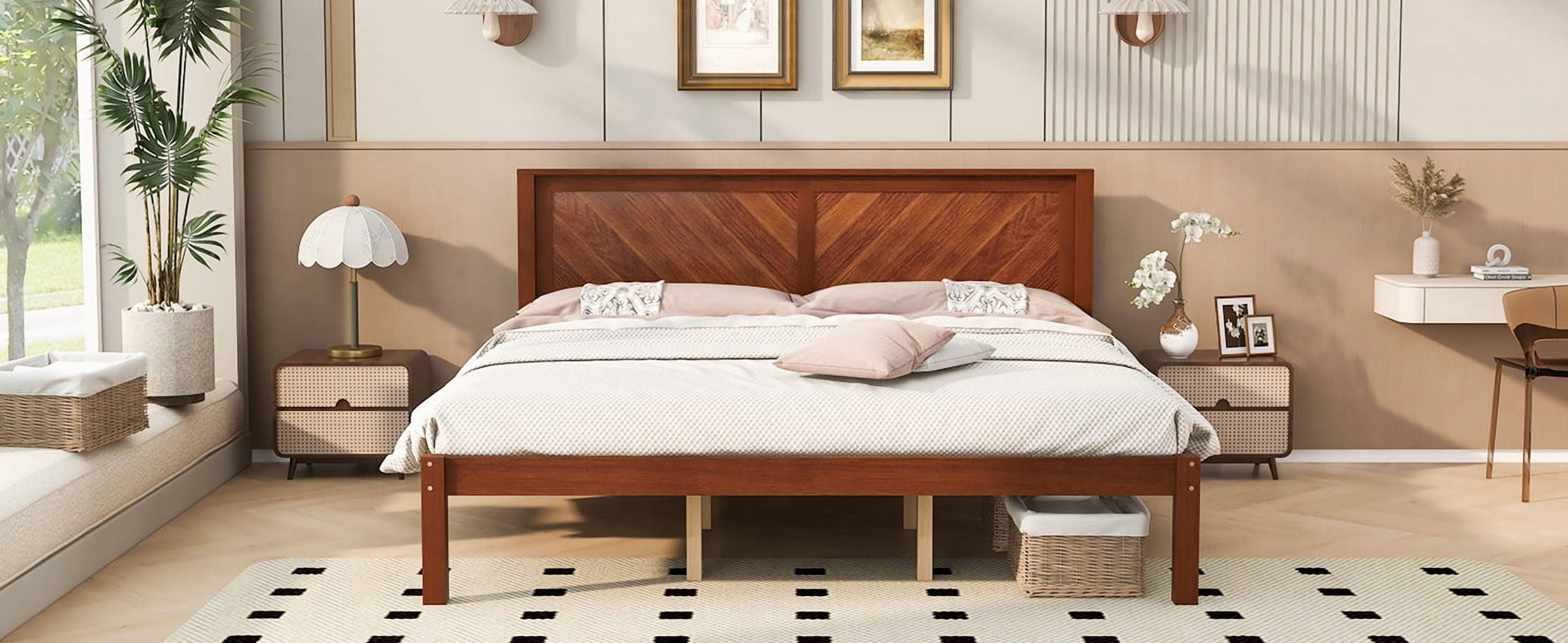 King Size Solid Wood Platform Bed Frame with Herringbone Wood Headboard, Farmhouse Chevron Panel Bed, Under Bed Storage Clearance, No Box Spring Needed, Sturdy Support Legs, Walnut Finish