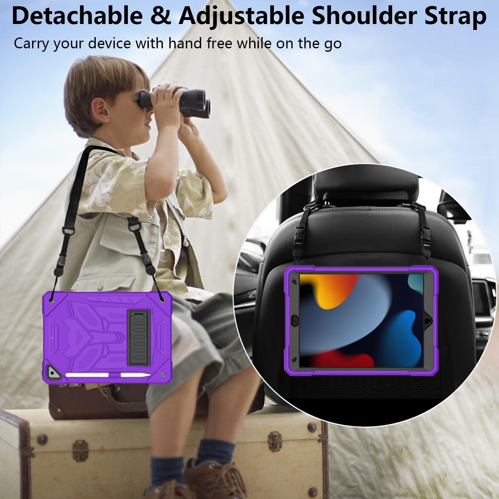 ELEHOLD Hybrid Rugged Case for iPad 9th/8th/7th Gen 10.2 2021/2020/2019, Heavy Duty Shockproof Case with Hidden Foldable Kickstand Adjustable Crossbody Shoulder Strap Pencil Holder,Purple