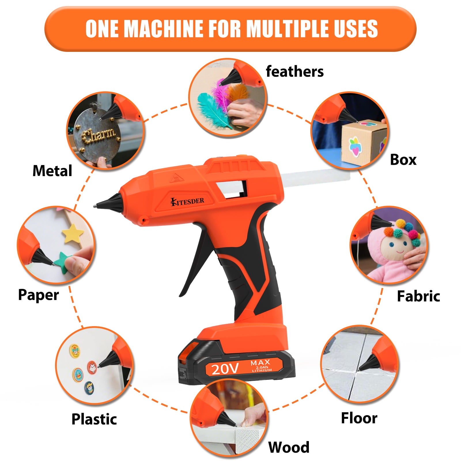 KITESDER 20V Cordless Hot Glue Gun with Fine Tips for Detailed Crafting and DIY Projects,Includes 2.0 Ah Battery & Charger and 30 Pcs Glue Sticks.