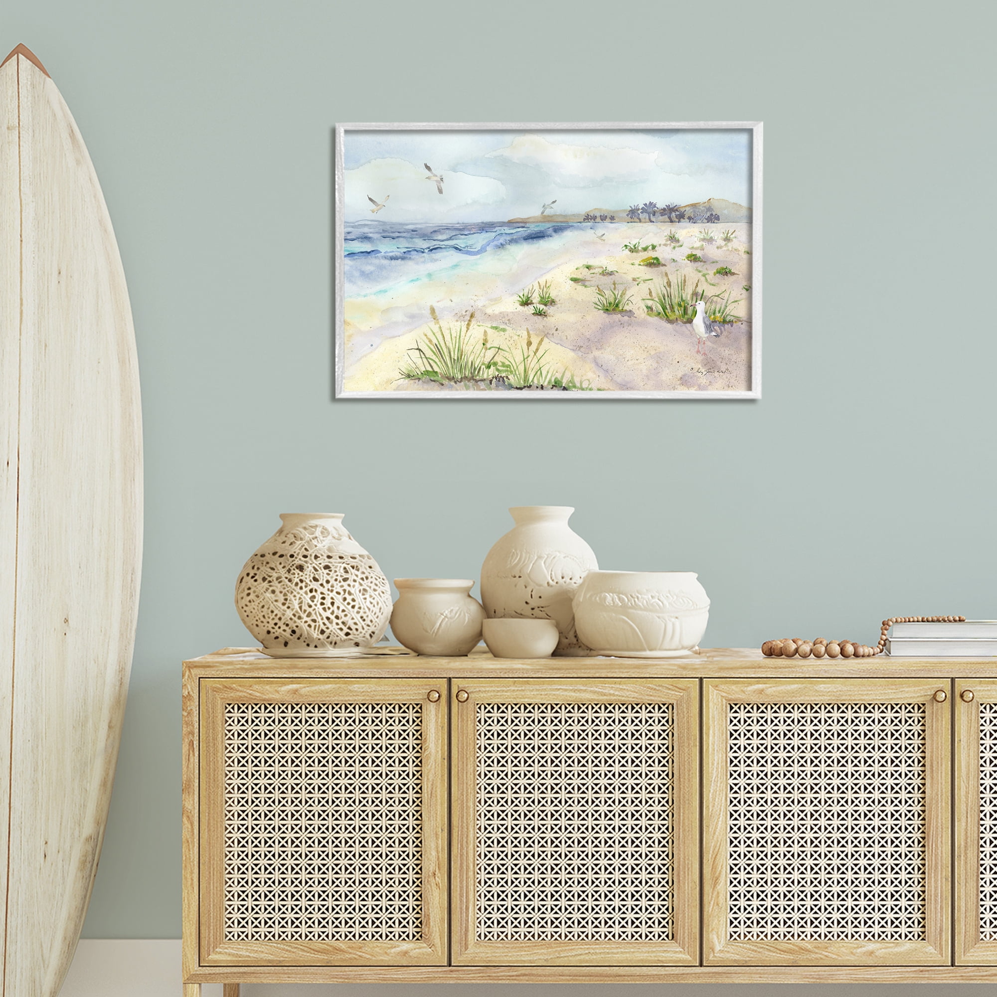 Stupell Industries Seagulls Over Beach Landscape Painting White Framed Art Print Wall Art, 30 x 20