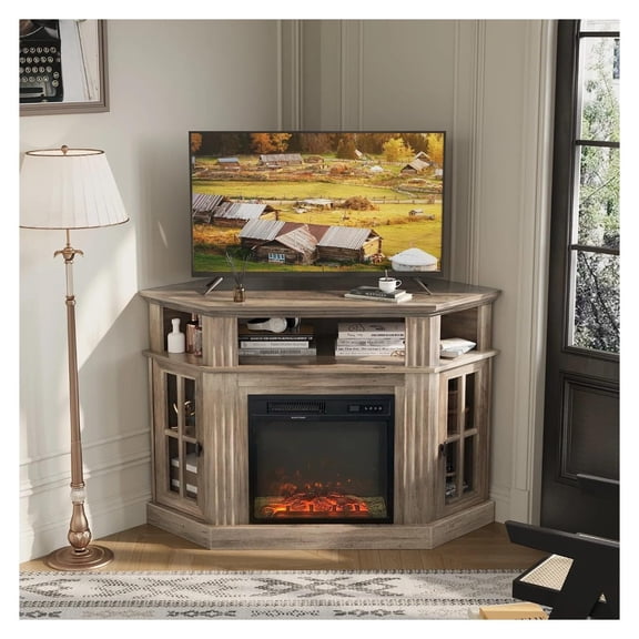 Corner TV Stand with Electric Fireplace, Rustic Oak - Fits up to 55 Inch TVs, Storage Cabinets, 18 Inch Fireplace Insert, Home Entertainment Center