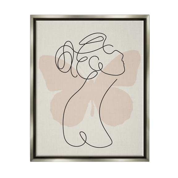 Stupell Industries Woman & Butterfly Line Doodle Abstract Painting Gray Floater Framed Art Print Wall Art