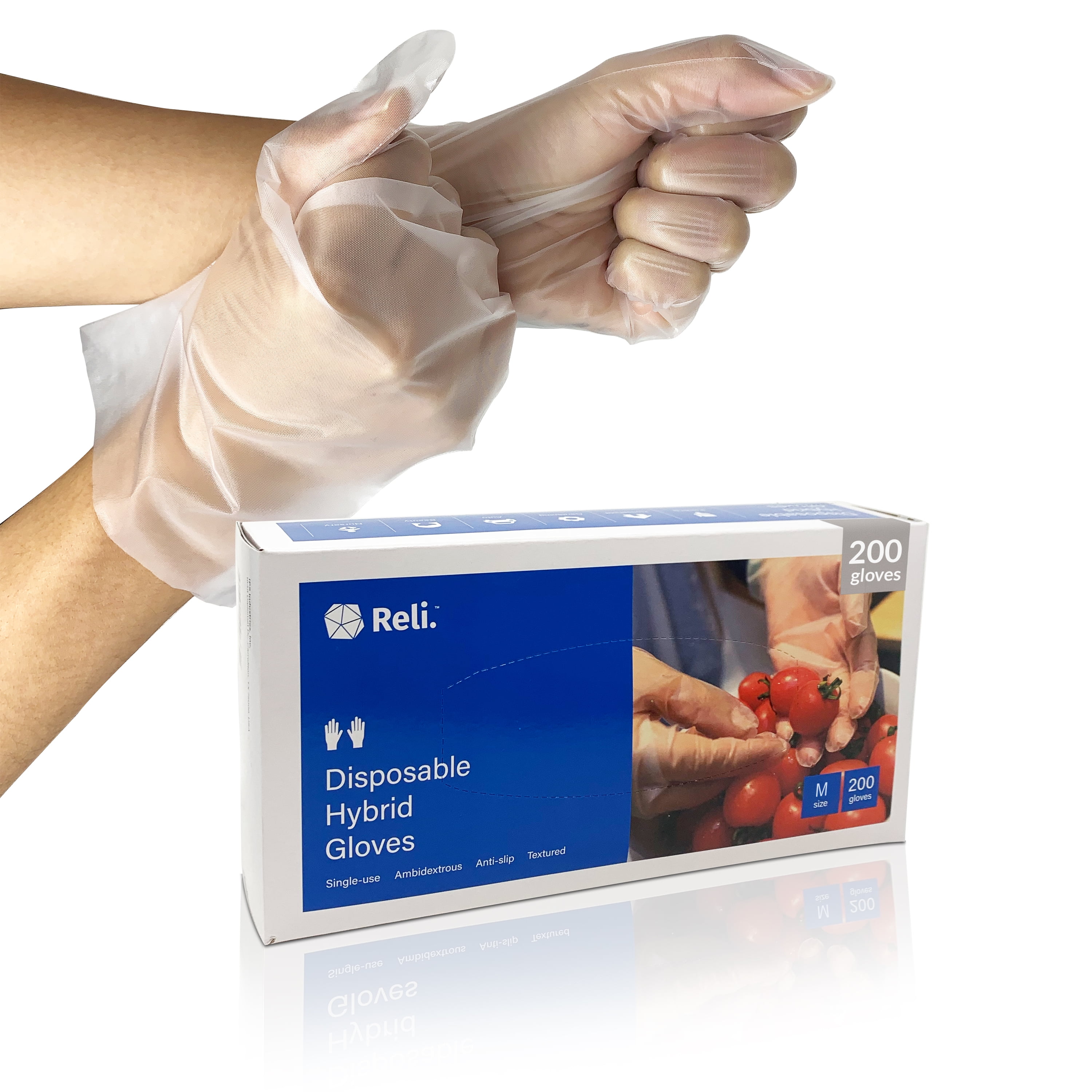 Non Latex Powder free. 200 Pack Reli Disposable Gloves Medium Hybrid Plastic 