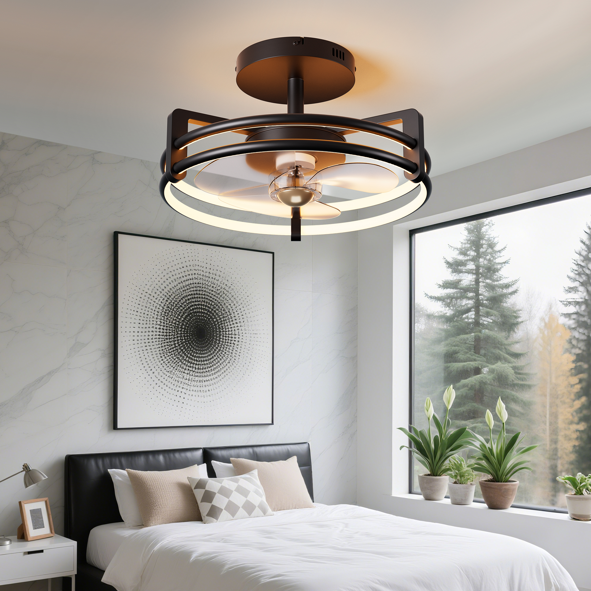 16 inch Ceiling Fan with Light and Remote Control, Black Modern Ceiling Fan for Kitchen, Bedroom, Indoor, 6 Speed, Quiet, Timing