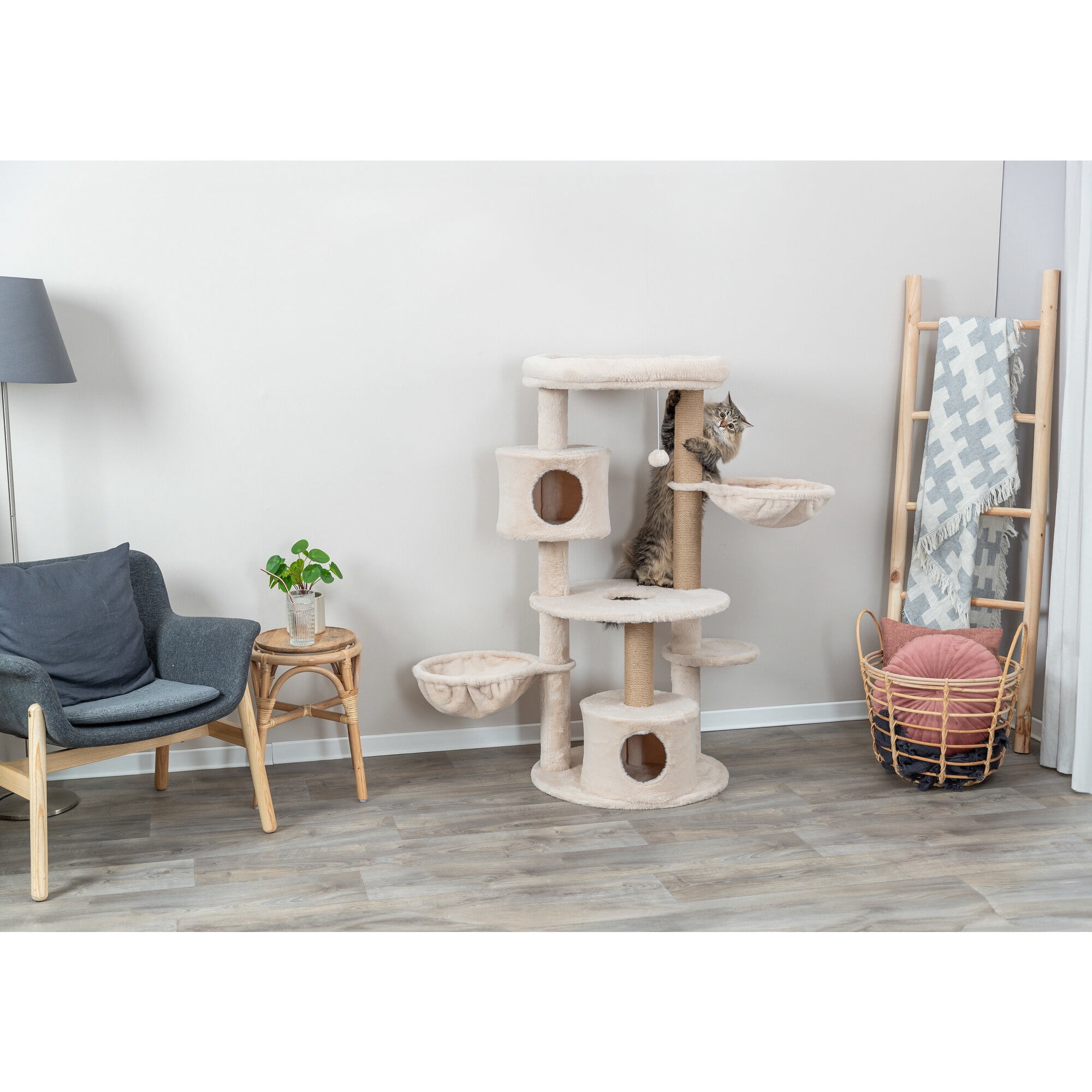 TRIXIE Anna Plush & Jute 50" Cat Tree Scratching Posts Condos Hammocks Perches Cat Toy, Beige