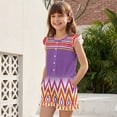 thumbnail image 3 of ZIATUBLES Girls Summer Casual Romper Button Round Neck Playsuit Outfit for Girl Kids 5-6 Y, Ruffle Sleeve Elastic Waist Design One-Piece Short Jumpsuit, Violet Geometric Stripe Print, 3 of 6