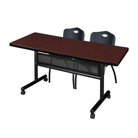 UPC: 0192357022313 | 60  x 30  Flip Top Mobile Training Table w/ Divider- Mahogany & 2 Stack Chairs