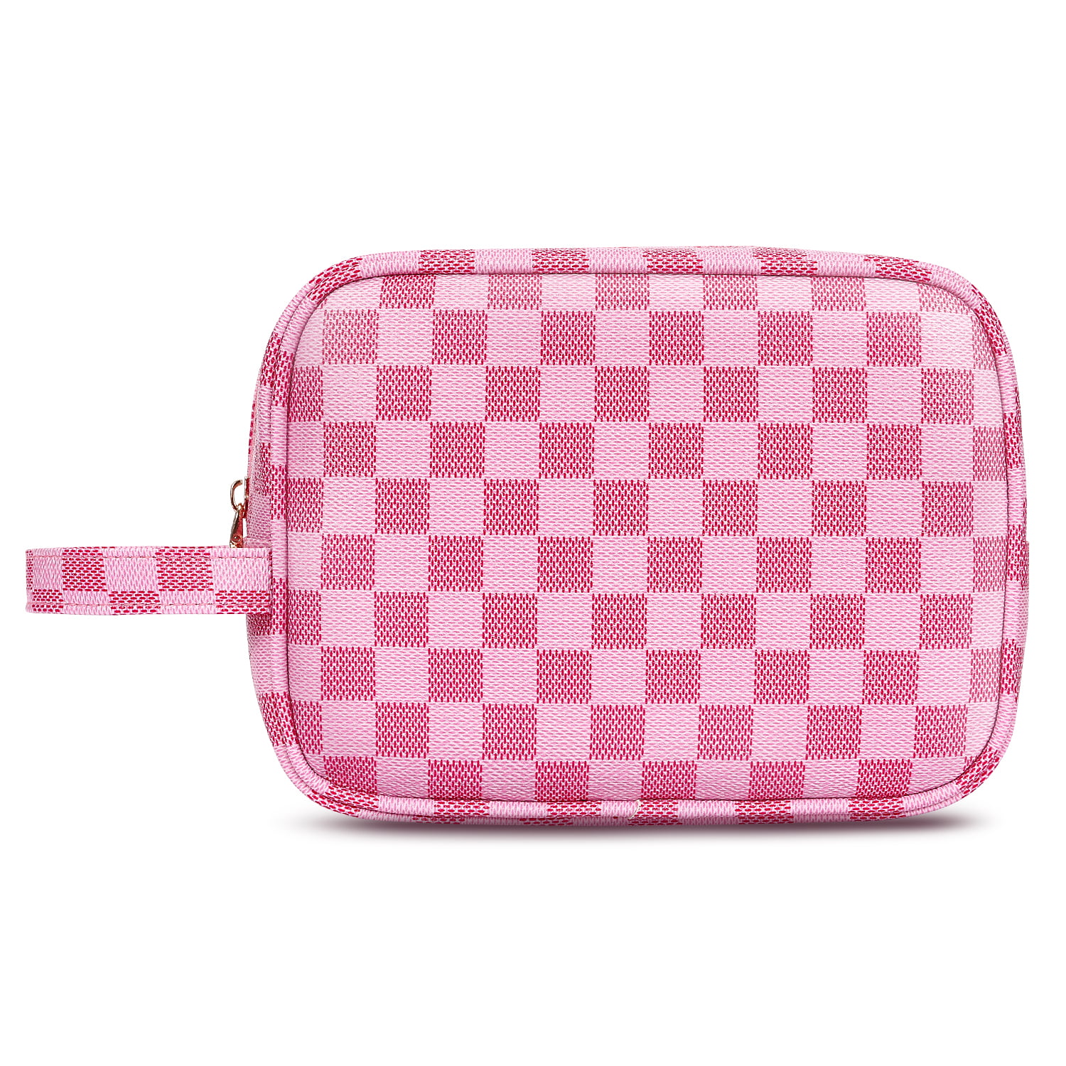 Pink Checkered Cosmetics Makeup Bag Travel Size Container Toiletry