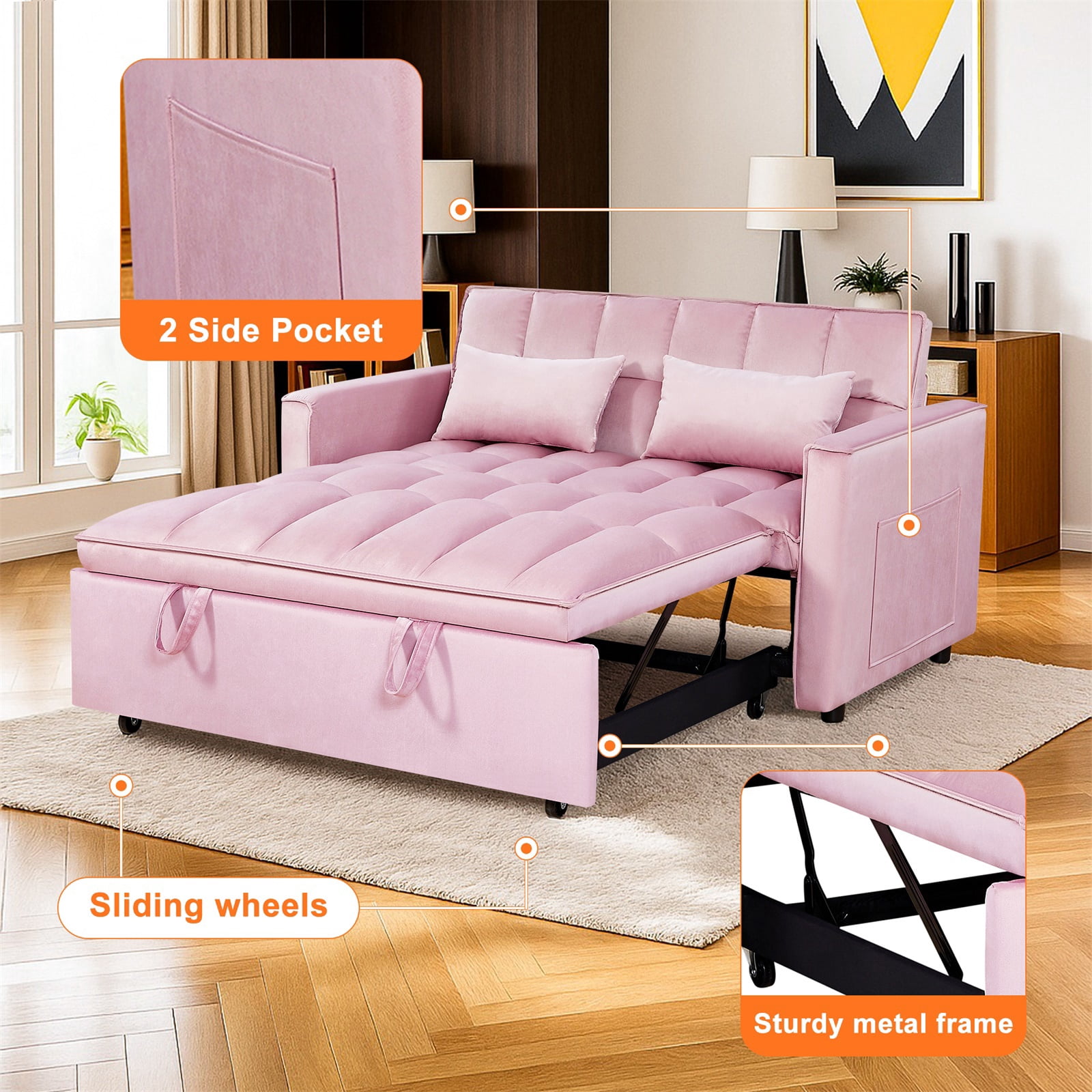 Hommoo Modern 3 in 1 Convertible Sleeper Sofa Bed, Pull Out Loveseat Couch Futon Sofa Bed with 3-Level Adjustable Back, Pink