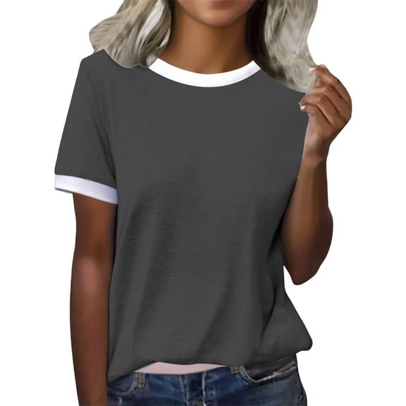 T Shirts For Women Womens Tops Spring Round Neck Color Blocked Loose Casual Short Sleeve T Shirt