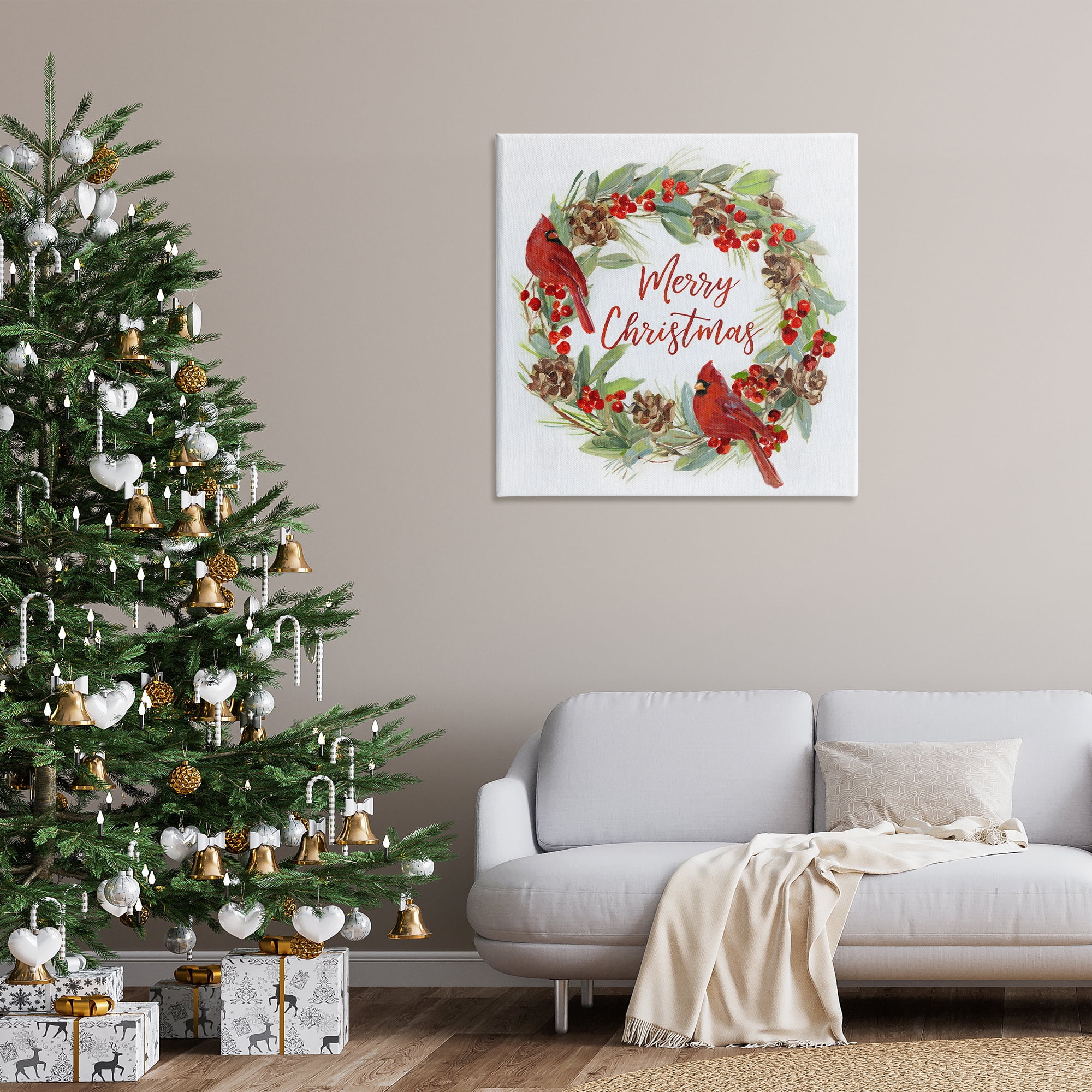 Stupell Industries Cardinals & Merry Christmas Holiday Painting Gallery Wrapped Canvas Art Prints Wall Art, 36 x 36