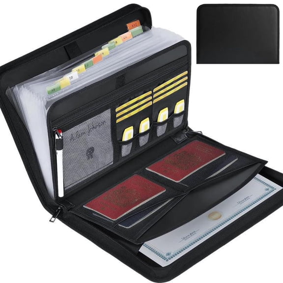 Accordion File Organizer, Fireproof Expanding File Folder with 13 Pockets Document Organizer with Handle & Labels, Portable Home Travel Safe Storage for Letter A4 Files and More, Black