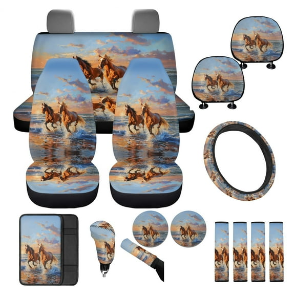 FKELYI Beach Running Horse Print 16 Pcs Car Seat Covers Full Set with Steering Wheel Cover Seatbelt Pads Armrest Pad Headrest Covers Cup Coasters Fear Shift Knob Covers & Handbrake Cover
