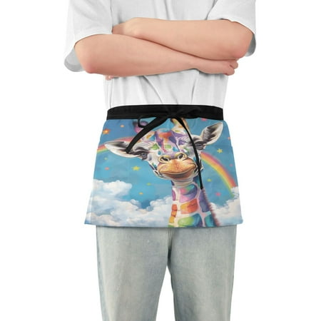 

Server Apron with 3 Pockets Waterproof Waitress Waist Short Apron for Man Woman Colorful Spots Giraffe and Rainbow 12 Inches