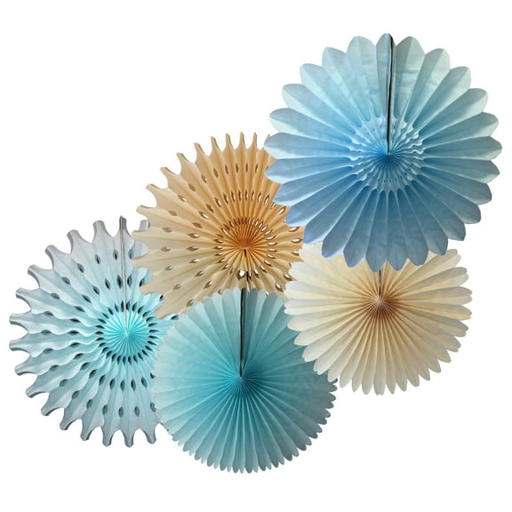 Devra Party Light Blue and Ivory Large Tissue Paper Fan Decorations, 13 and 18 Inches (5 Piece)