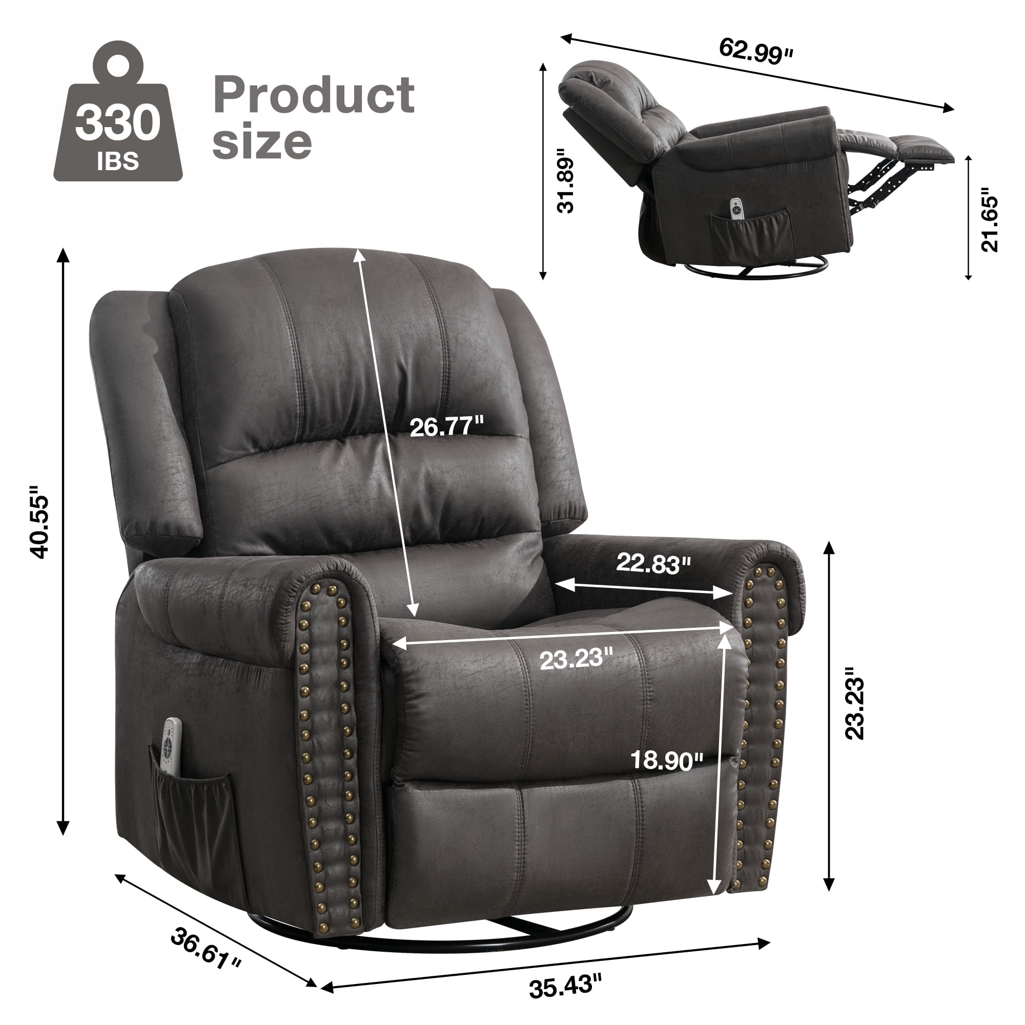 DEALTOPS Oversized Manual Recliner Heating massage Chair with USB Port and Rocking for Living Room, Leather, Gray