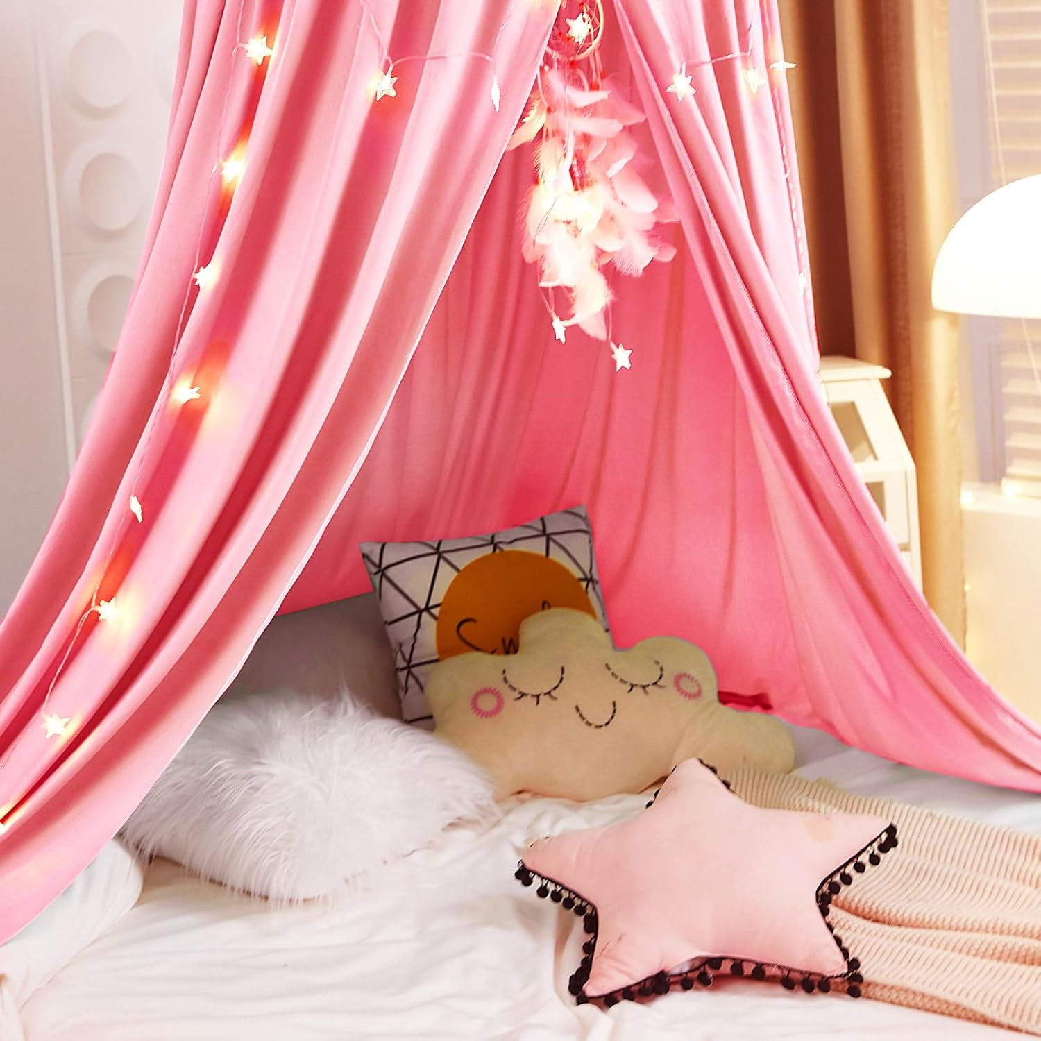 Decor Canopy for Kids Bed, Soft Smooth Playing Tent Canopy Girls Room Decoration Princess Castle, Dreamy Mosquito Net Bedding, Children Reading Nook Canopies in Home (Nordic Pink)