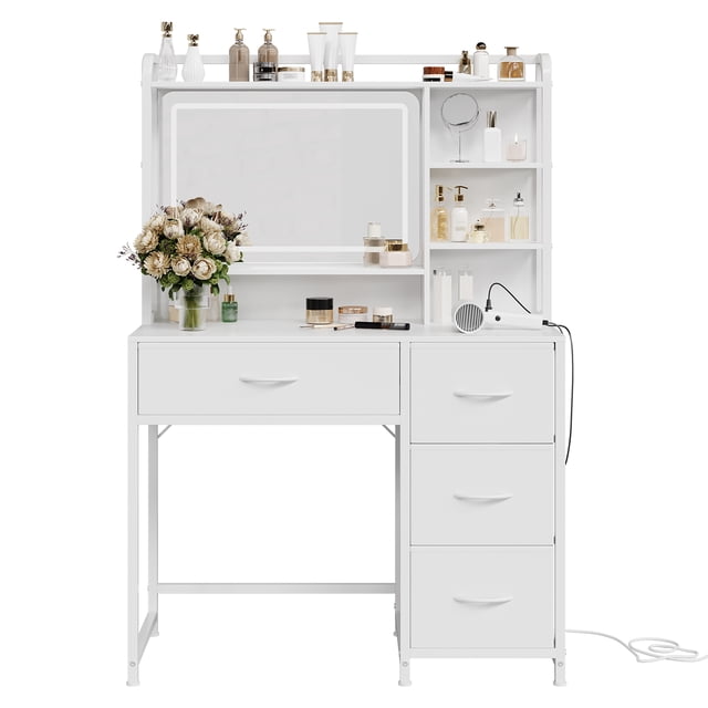GloryStar Lighted Vanity Desk, 35.4" Makeup Table with Mirror, Adjustable LED, 4 Fabric Drawers and Open Storage Shelves