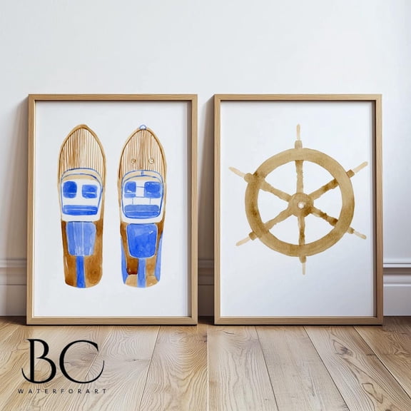 Luvia Set Of 2 Prints Vintage Speed Boat And Ship Wheel, Nautical, Coastal Decor, Ocean Art, Boat Art, Modern Wall Decor Set 2 Prints 8x12 UNFRAMED