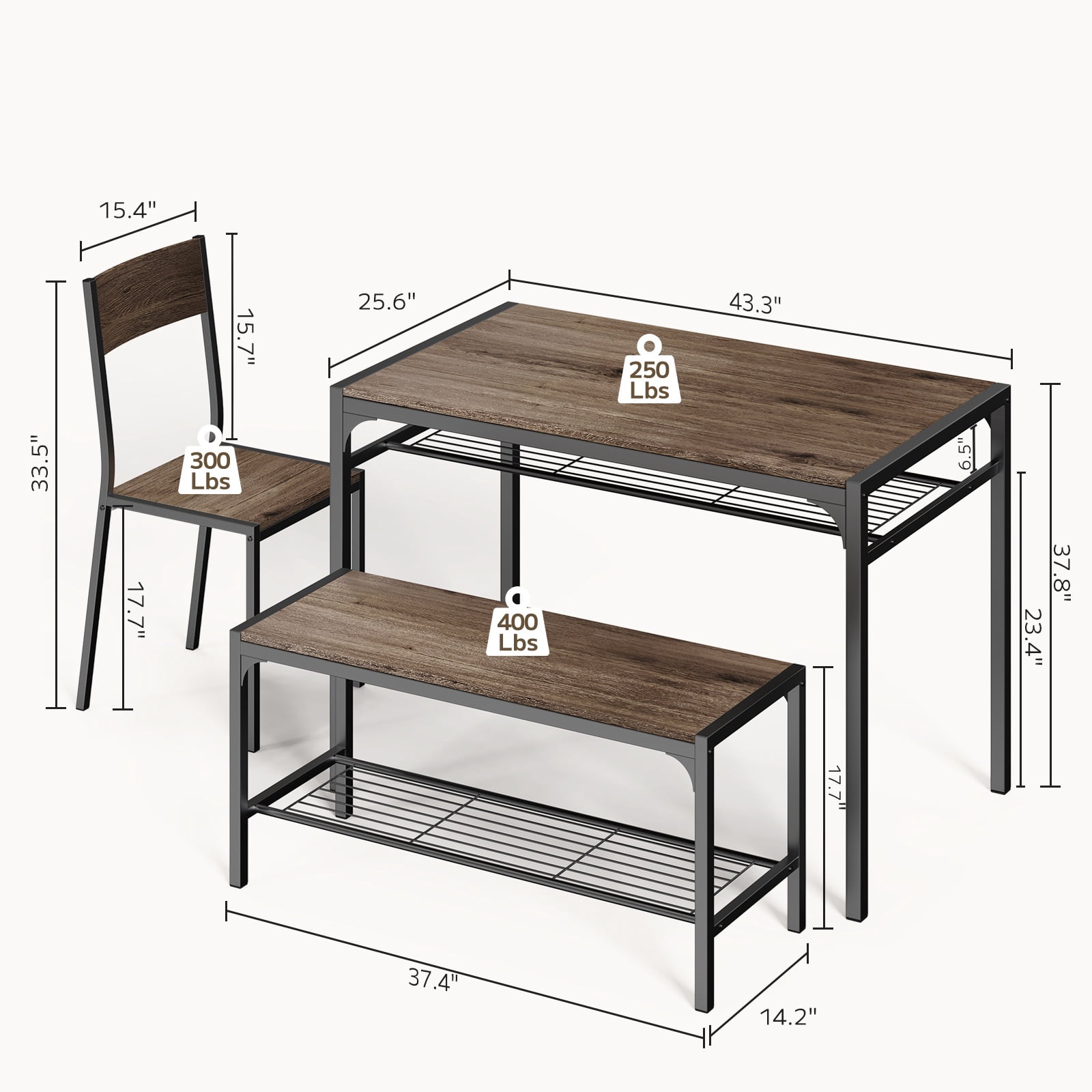 Asofer 4 Piece Dining Table Set for 4 with 2 Chairs & Bench, Kitchen Table with Storage Rack, Space Saving Dining Set for Small Space, Apartment, Gray