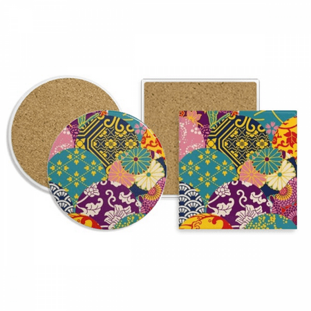 

flowers lines pattern china japanese style coaster cup mug holder absorbent stone cork base set