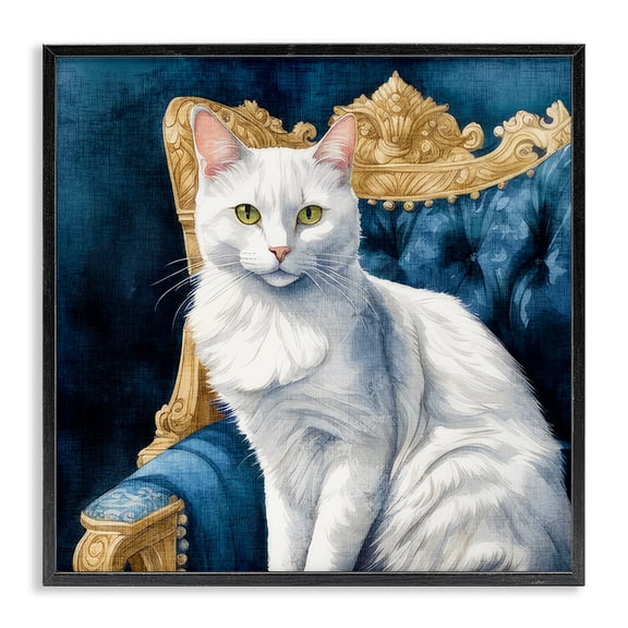 Stupell Industries Glam White Cat & Ornate Chair Black Framed Giclee Art, 12 x 12, by Kim Allen
