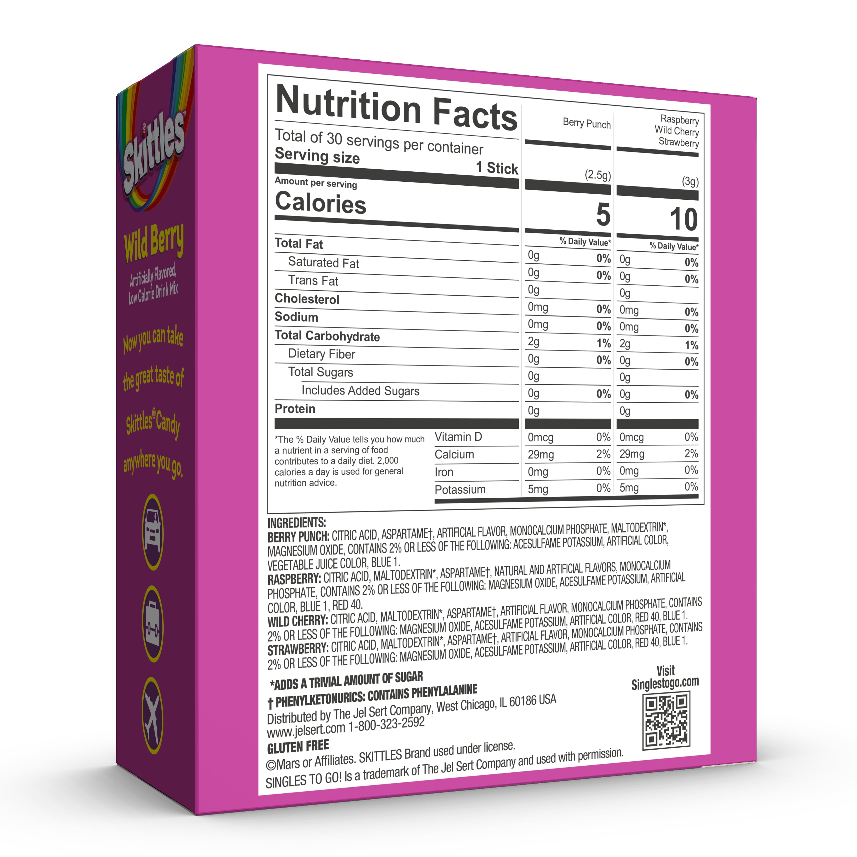 Skittles Zero Sugar Wild Berry Singles-to-Go Packs, Powdered Drink Mix, 2.88 oz, 30 Count Packets