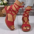 thumbnail image 3 of Xfvqtps Heeled Sandals for Women Block Chunky Heel Lace up Peep Toe Casual Sandals Red, 3 of 9