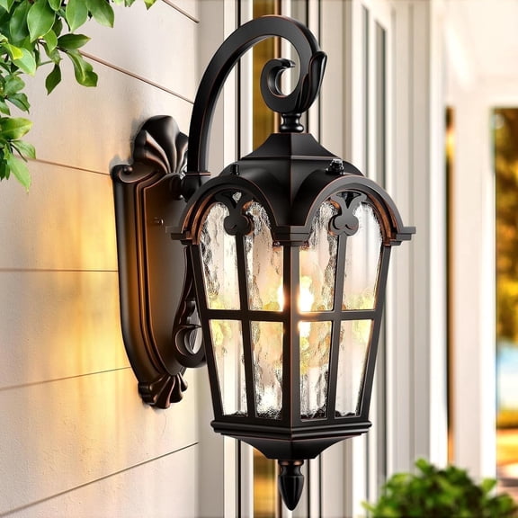 VIANIS Outdoor Wall Light, 16.9" Black Dusk to Dawn Outdoor Lighting with Gold Trim, Waterproof Exterior Light Fixtures Wall Mount with Tempered Water Ripple Glass