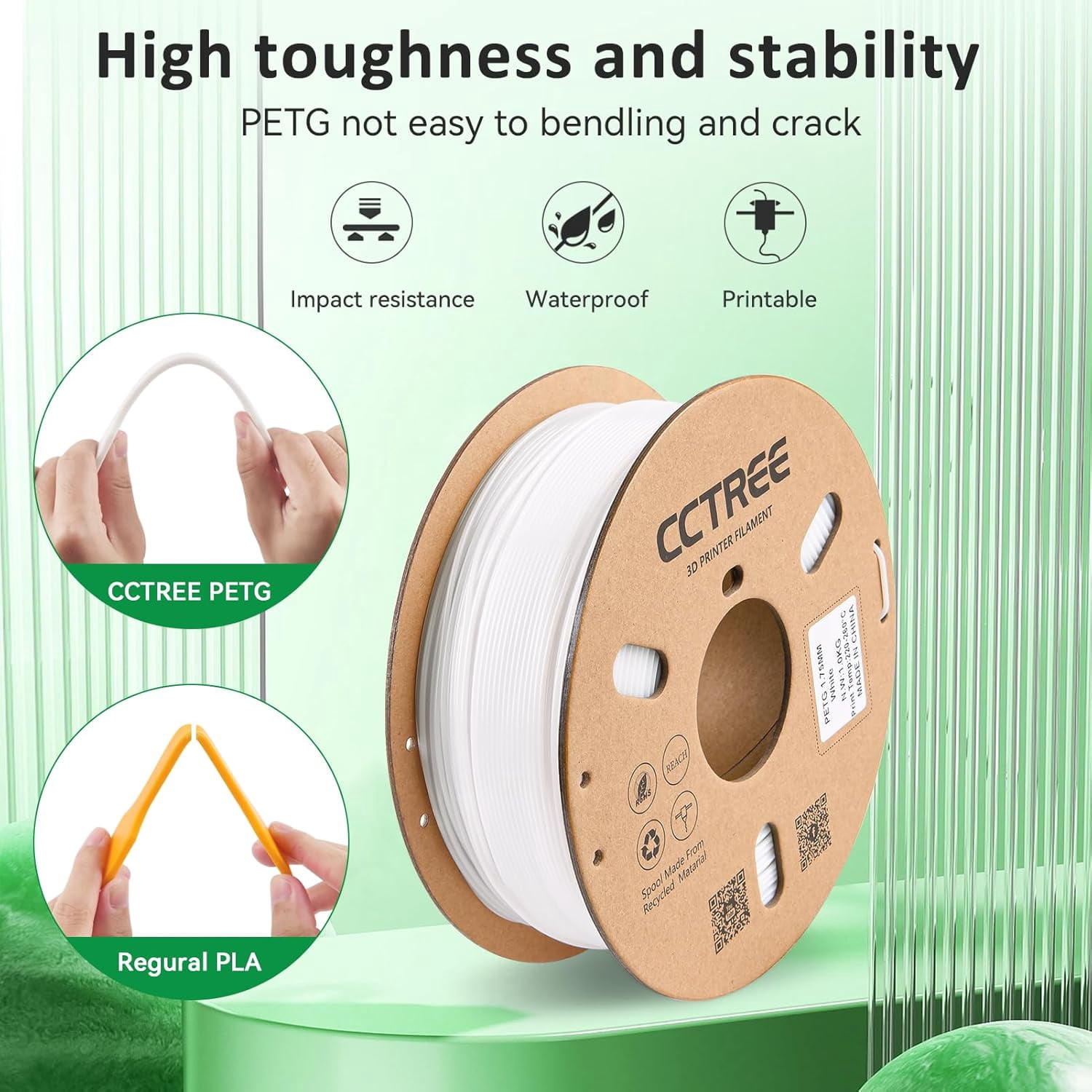 PETG Filament 1.75mm, Strong & High Toughness 3D Printing Filament, Dimensional Accuracy +/- 0.03mm, 1kg Spool(2.2lbs), Fit Most FDM 3D Printers, White