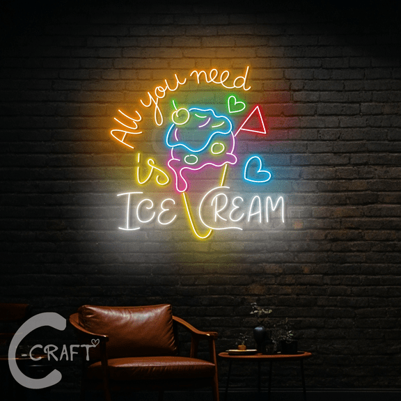 C-CRAFT All You Need Is Ice Cream Neon Light Led Sign 38 inch for Ice Cream Store Wall Art Decor