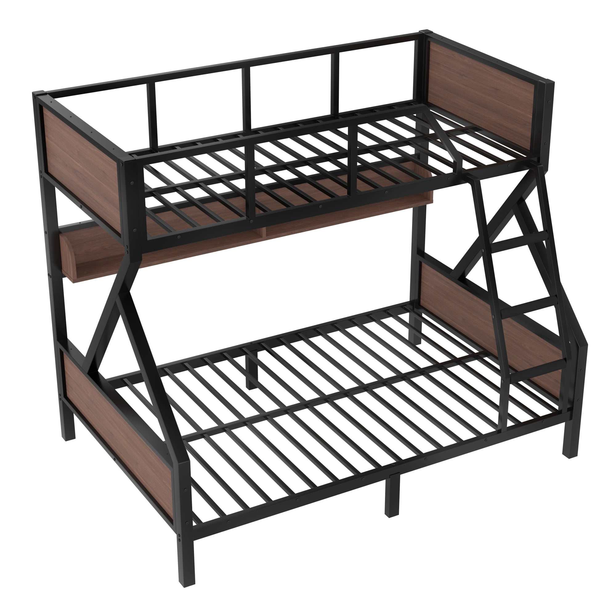 Twin Over Full Size Bunk Bed with Storage Shelves & LED Light, Metal Bunk Bed Frame with Wood Board & Sturdy Slats, Heavy Duty Bed Frame, Noise Free