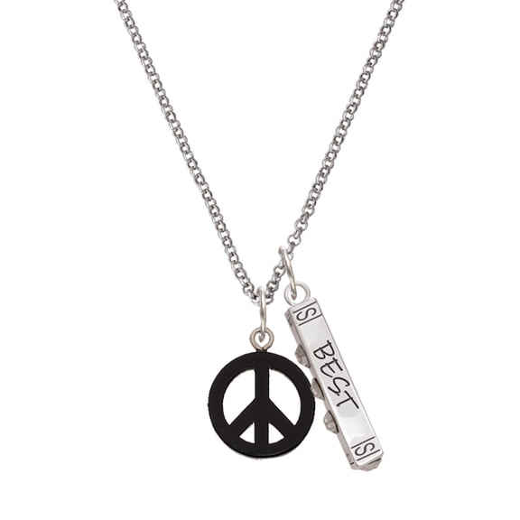 Delight Jewelry Acrylic Small Black Peace Sign Silvertone Best Friends Forever Bar Charm Necklace, 23"